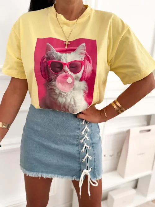 T-shirt damski oversize z nadrukiem kota i okularami